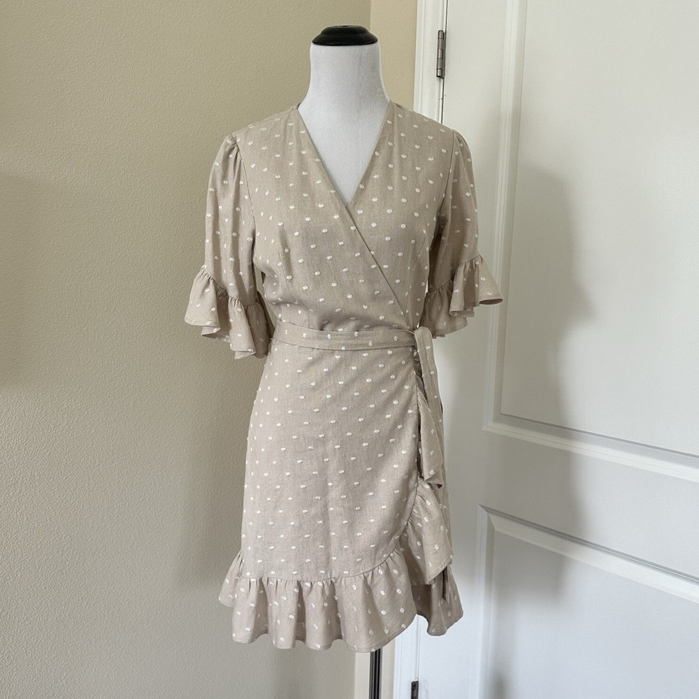 Anthropologie WAYF | Mini Ruffle Wrap Dress Sand White Polkadot
